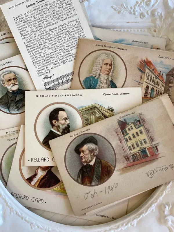 Set of 2 Antique Vintage Musician Music School Piano Lessons Award Cards Mozart Handel Ephemera Junk Journal Postcards Recital Concert