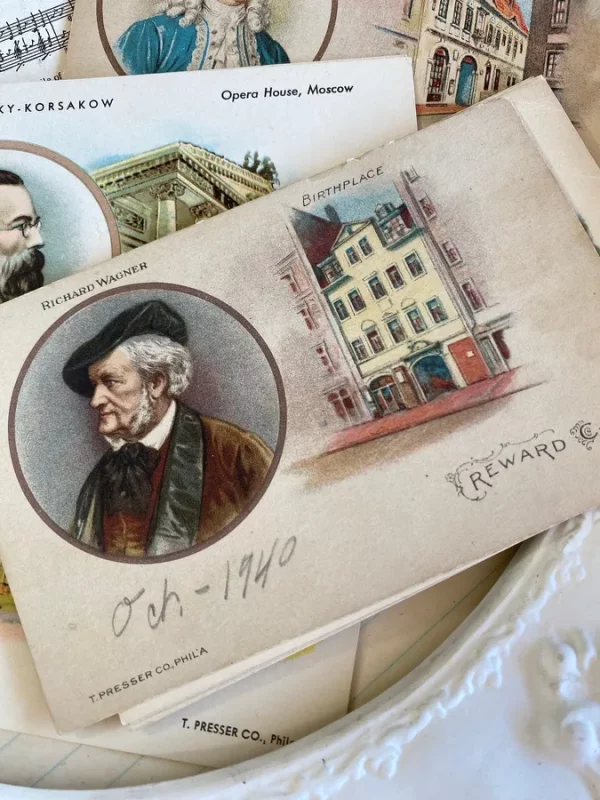 Set of 2 Antique Vintage Musician Music School Piano Lessons Award Cards Mozart Handel Ephemera Junk Journal Postcards Recital Concert