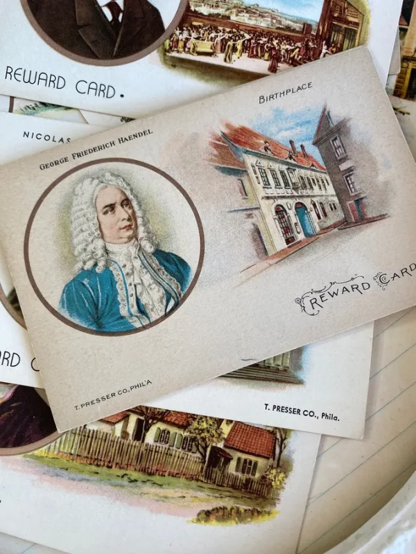 Set of 2 Antique Vintage Musician Music School Piano Lessons Award Cards Mozart Handel Ephemera Junk Journal Postcards Recital Concert