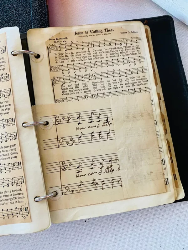 Antique Vintage Hymns Note Pages Pasted Church Sunday School Choir Singing Sermon Pastor Ephemera Paper Collage Aged Bible Junk Journals