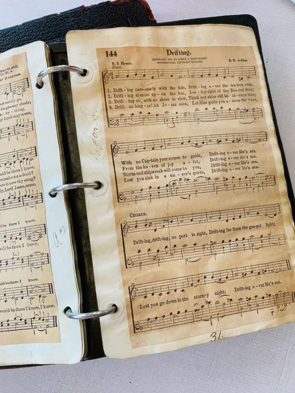 Antique Vintage Hymns Note Pages Pasted Church Sunday School Choir Singing Sermon Pastor Ephemera Paper Collage Aged Bible Junk Journals