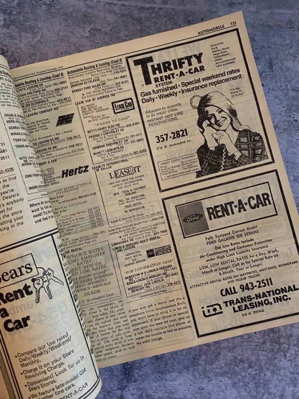 10 PAGES of Greater Dallas Yellow Pages Phone Book 1972 Vintage Advertisements Ephemera for Junk Journal Diary Planner Scrapbook Decor Gift