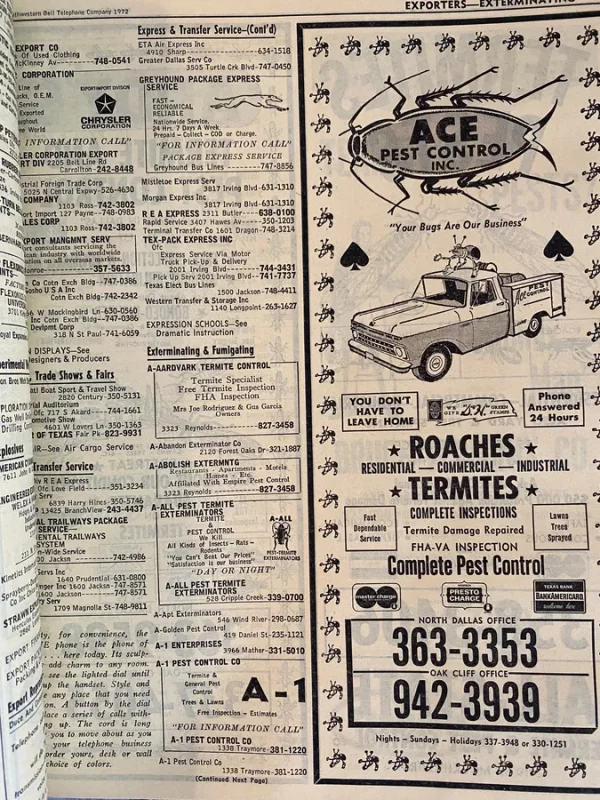 10 PAGES of Greater Dallas Yellow Pages Phone Book 1972 Vintage Advertisements Ephemera for Junk Journal Diary Planner Scrapbook Decor Gift