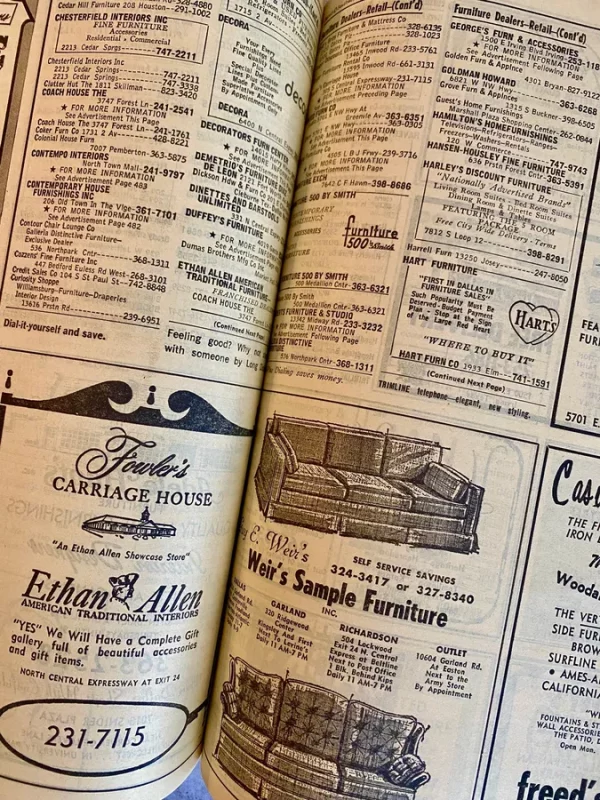 10 PAGES of Greater Dallas Yellow Pages Phone Book 1972 Vintage Advertisements Ephemera for Junk Journal Diary Planner Scrapbook Decor Gift