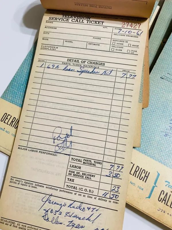 12 Sheets Vintage Television Repair Receipts Order Book Service Call Form Ephemera Junk Journal Scrapbook TV