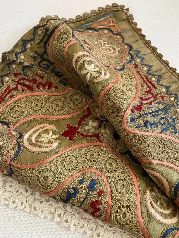 Antique Vintage Embroidery Pillow Cover Olive Green Silk Muted Embroidery for Repurpose Sewing Journal Cover Slow Stitching Snippet Roll