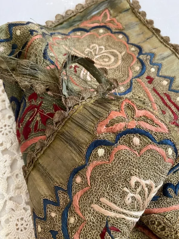 Antique Vintage Embroidery Pillow Cover Olive Green Silk Muted Embroidery for Repurpose Sewing Journal Cover Slow Stitching Snippet Roll