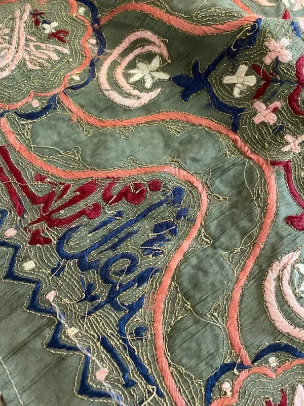 Antique Vintage Embroidery Pillow Cover Olive Green Silk Muted Embroidery for Repurpose Sewing Journal Cover Slow Stitching Snippet Roll