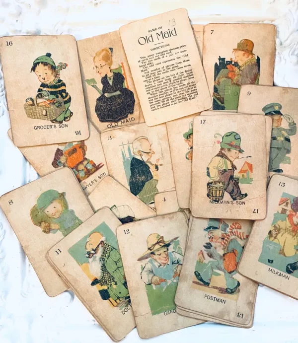 Antique Vintage Old Maid Cards 4 Single Cards Board Game Night Kids Family Play Deck Ephemera Swap Trading For Framing Art Game Room Decor
