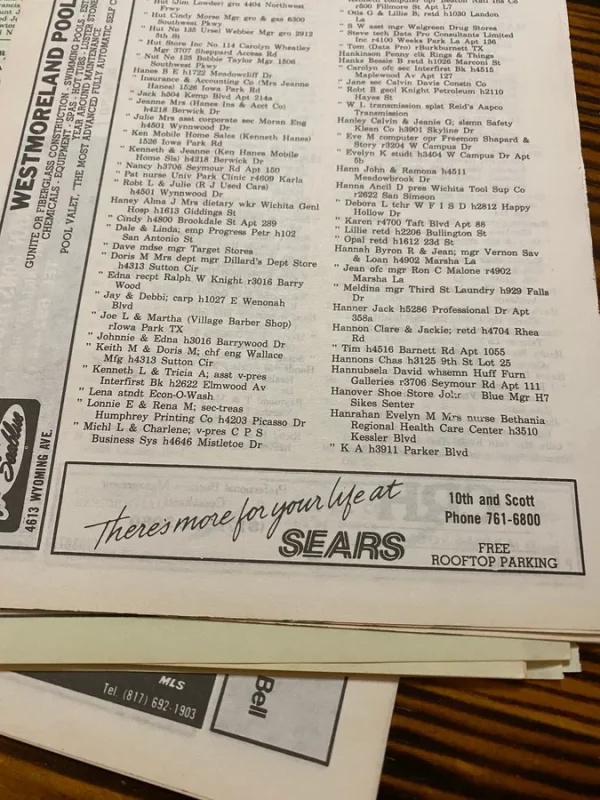 Vintage City Directory Phone Book White Yellow Pages Advertising Ephemera Junk Journal Collage Paper Crafts Telephone Wichita Falls Texas