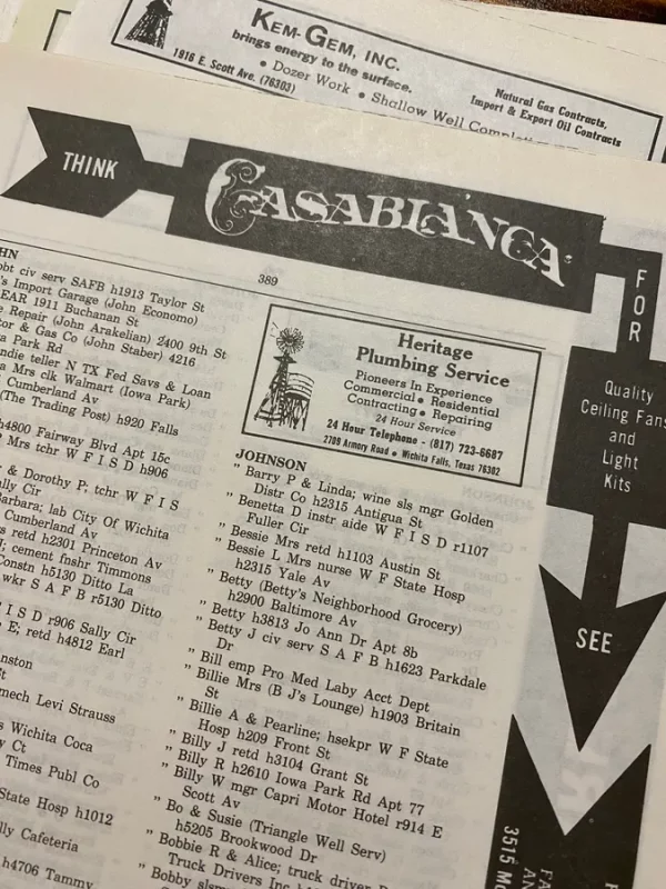 Vintage City Directory Phone Book White Yellow Pages Advertising Ephemera Junk Journal Collage Paper Crafts Telephone Wichita Falls Texas