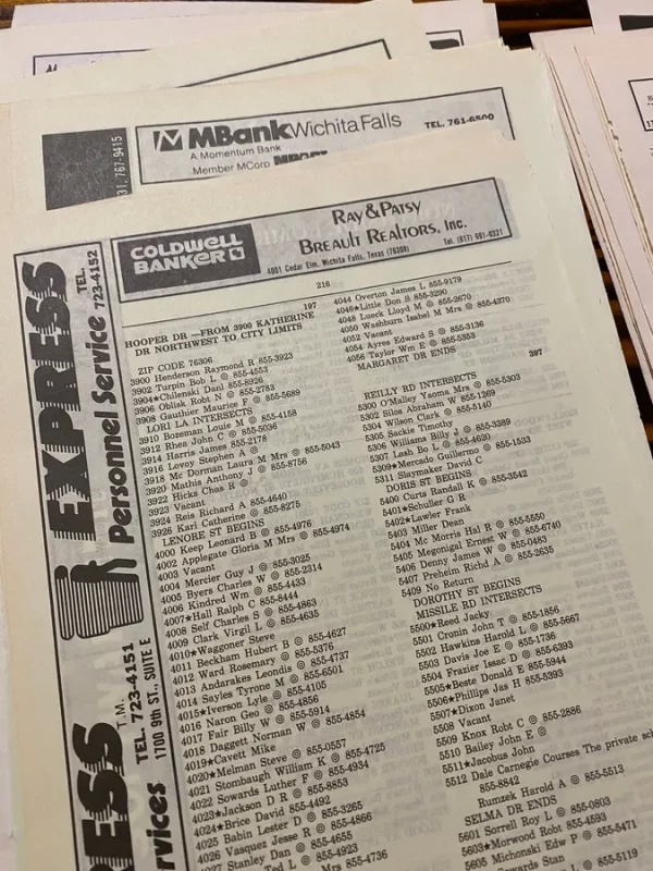 Vintage City Directory Phone Book White Yellow Pages Advertising Ephemera Junk Journal Collage Paper Crafts Telephone Wichita Falls Texas
