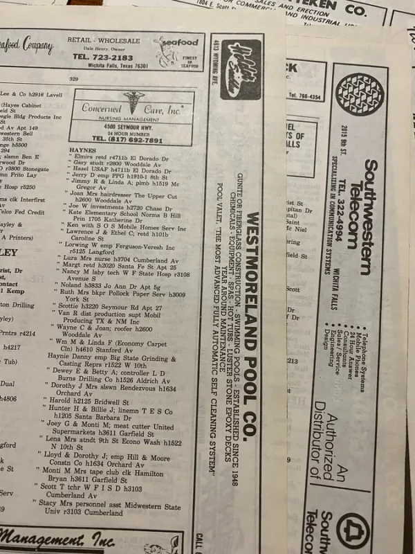 Vintage City Directory Phone Book White Yellow Pages Advertising Ephemera Junk Journal Collage Paper Crafts Telephone Wichita Falls Texas