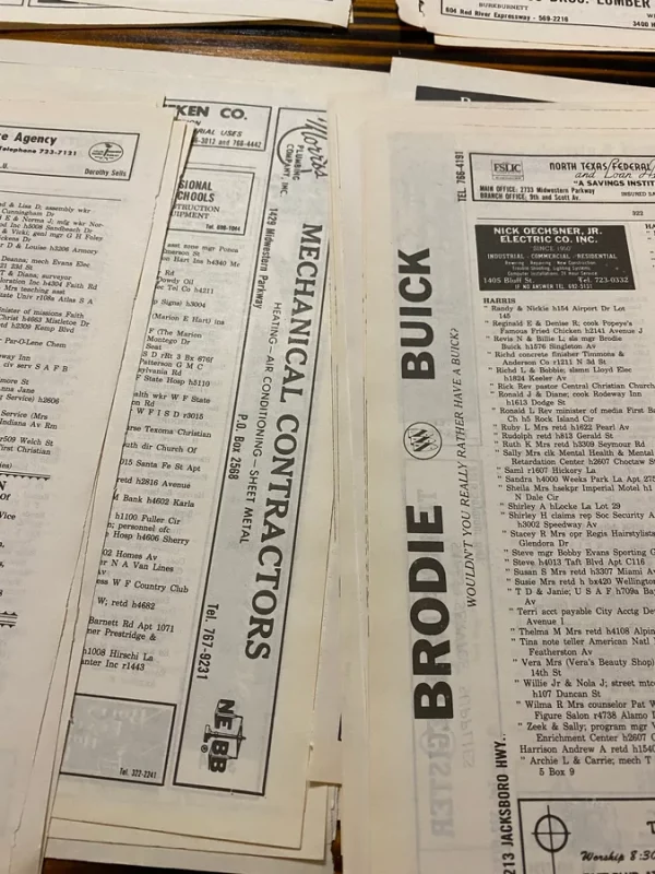 Vintage City Directory Phone Book White Yellow Pages Advertising Ephemera Junk Journal Collage Paper Crafts Telephone Wichita Falls Texas