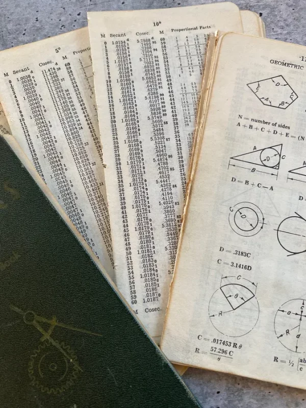 Vintage Construction Machinery Pocket Guide Book Pages with Number Tables and Geometry Drawings Plus One Ruler and Pencil Nub Gift Engineer