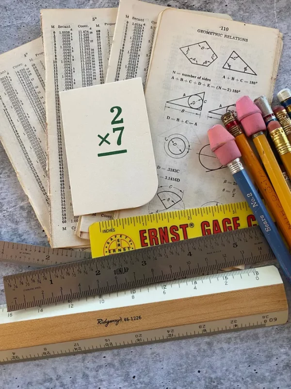 Vintage Construction Machinery Pocket Guide Book Pages with Number Tables and Geometry Drawings Plus One Ruler and Pencil Nub Gift Engineer