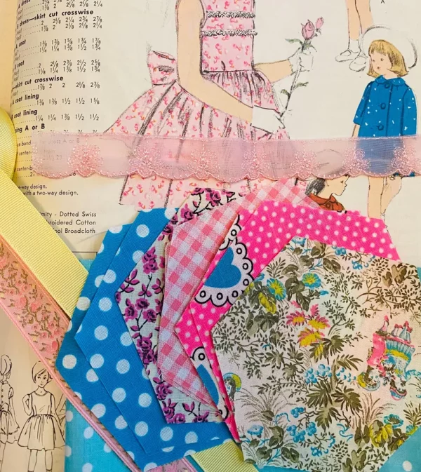 Vintage Pink and Turquoise Fabric Hexies with Trims and Wide Bias Yardage for Sewing Slow Stitching Crafts Snippets Junk Journal Lace Floral