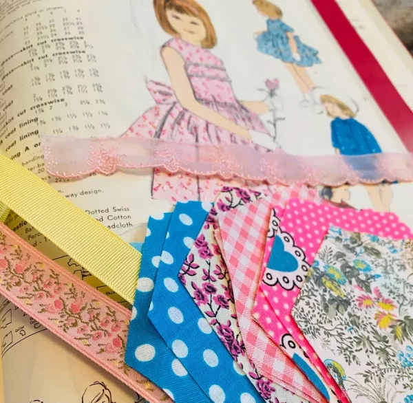 Vintage Pink and Turquoise Fabric Hexies with Trims and Wide Bias Yardage for Sewing Slow Stitching Crafts Snippets Junk Journal Lace Floral