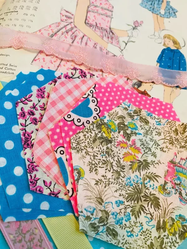 Vintage Pink and Turquoise Fabric Hexies with Trims and Wide Bias Yardage for Sewing Slow Stitching Crafts Snippets Junk Journal Lace Floral